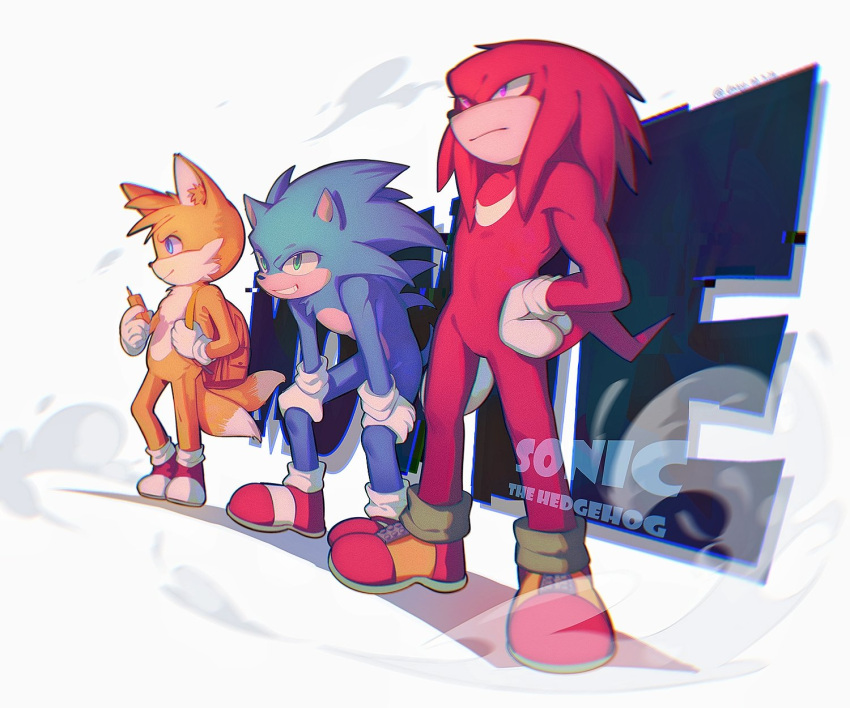 3boys animal_ear_fluff animal_ears animal_nose bag blue_eyes blue_fur brown_bag chinese_commentary closed_mouth commentary_request fox_boy fox_ears fox_tail full_body furry furry_male gloves gold_trim green_eyes green_socks hand_on_own_hip hands_up hedgehog hedgehog_ears hedgehog_tail highres knuckles_the_echidna lazy_kun looking_to_the_side male_focus multiple_boys multiple_tails orange_fur red_footwear red_fur shadow shoes simple_background smile sneakers socks sonic_(series) sonic_the_hedgehog spiked_gloves standing tail tails_(sonic) teeth two_tails violet_eyes white_background white_gloves white_socks