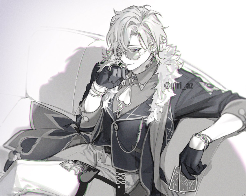 1boy aventurine_(honkai:_star_rail) bracelet card closed_mouth clothing_cutout collared_shirt couch earrings fur_trim giri_az2 glasses gloves greyscale hair_between_eyes holding holding_card honkai:_star_rail honkai_(series) jacket jewelry looking_at_viewer male_focus monochrome on_couch playing_card ring shirt short_hair simple_background sitting solo