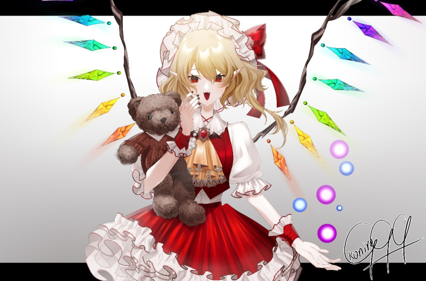 1girl ascot blonde_hair cowboy_shot crystal_wings fang flandre_scarlet frills hair_ribbon hat koniro999 mob_cap open_mouth pointy_ears puffy_short_sleeves puffy_sleeves red_eyes red_ribbon ribbon short_sleeves signature simple_background solo stuffed_animal stuffed_toy tachi-e teddy_bear touhou white_background yellow_ascot