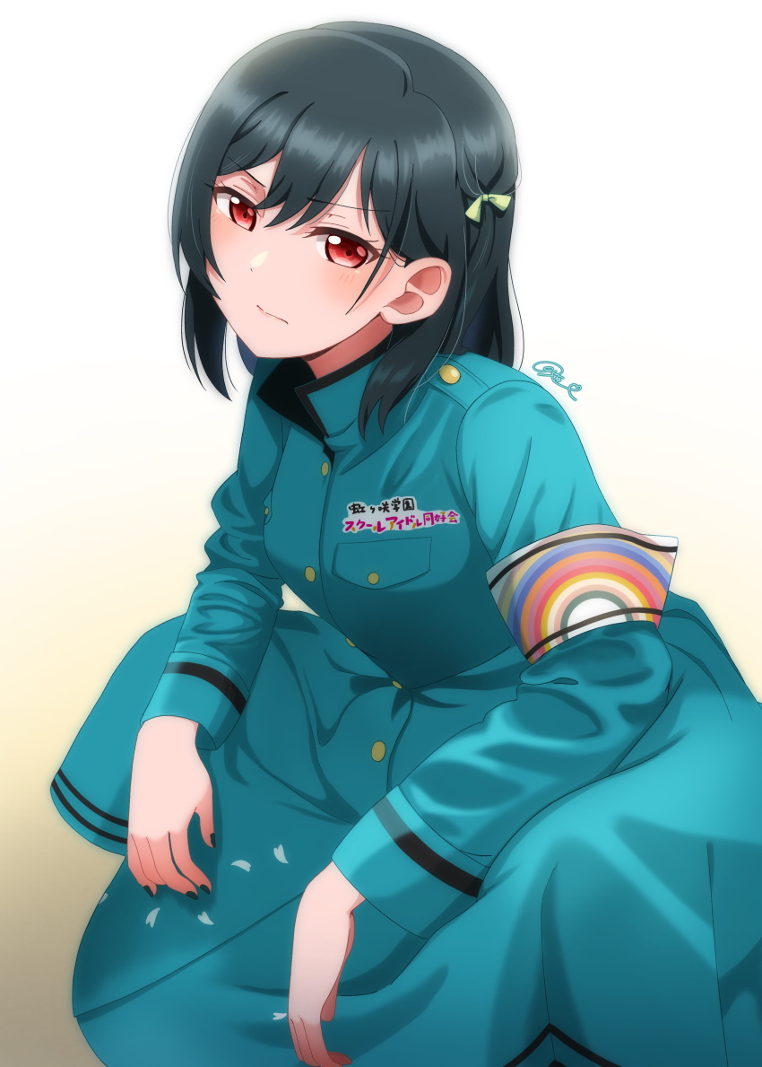 1girl absurdres aqua_dress armband black_hair black_nails commentary commentary_request dress gradient_background hair_between_eyes hair_ribbon highres long_sleeves looking_at_viewer love_live! love_live!_nijigasaki_high_school_idol_club mifune_shioriko rainbow_print red_eyes ribbon ryouran!_victory_road_(love_live!) short_hair sidelocks signature sky-blue1104 slav_squatting solo squatting upper_body white_armband