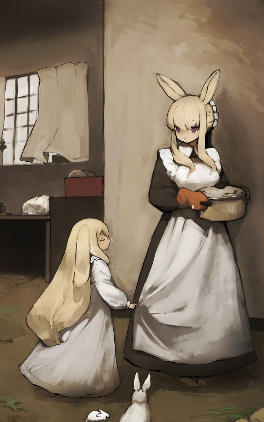 2girls absurdres animal animal_ears animal_feet apron black_dress black_eyes blonde_hair child closed_eyes closed_mouth commentary_request cooking_pot curtains dress expressionless frilled_dress frills full_body hair_bun highres holding_cooking_pot indoors looking_at_viewer lop_rabbit_ears maid maid_headdress mittens multiple_girls original oven_mitts rabbit rabbit_ears rabbit_girl red_mittens shirokujira sidelocks single_hair_bun skirt_grab sleepy standing white_dress window