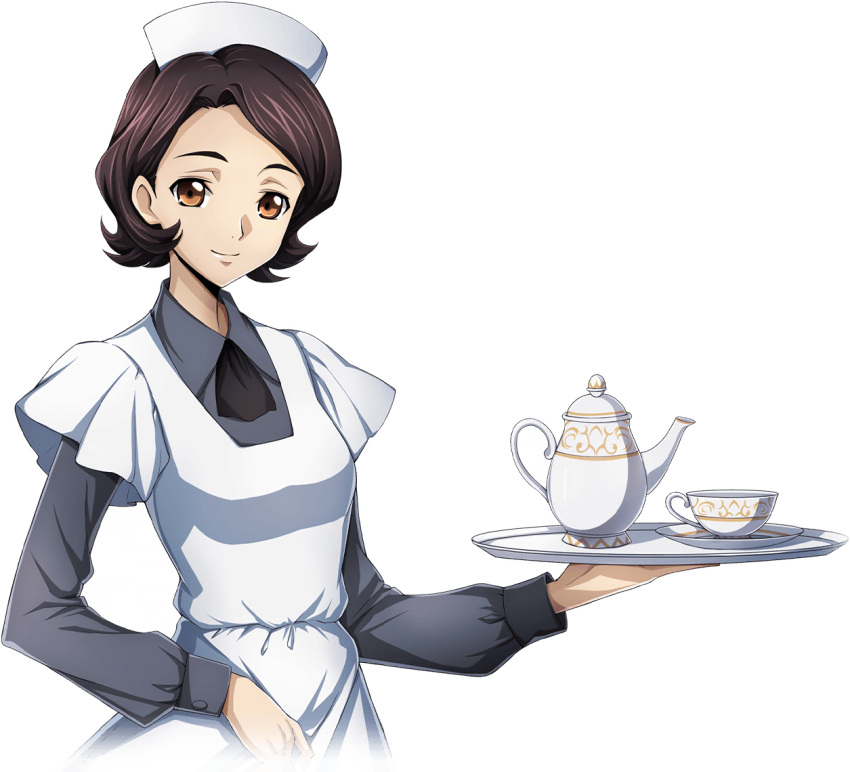 1girl artist_request ascot black_ascot breasts brown_hair closed_mouth code_geass code_geass:_lost_stories collared_shirt cropped_torso cup dress game_cg grey_shirt hand_up happy holding holding_tray layered_sleeves long_sleeves looking_at_viewer maid maid_headdress non-web_source official_art orange_eyes plate saucer shinozaki_sayoko shirt short_hair short_over_long_sleeves short_sleeves sidelocks simple_background small_breasts smile solo standing teacup teapot transparent_background tray upper_body white_dress