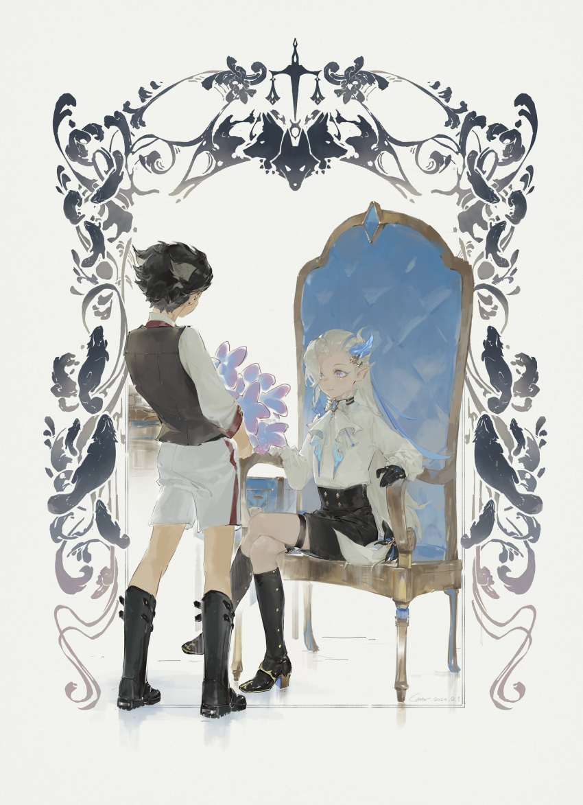 2boys aged_down ascot asymmetrical_bangs black_bow black_footwear black_gloves black_hair black_shorts blue_eyes blue_hair boots border bow child crossed_legs d3gqgfp9cbmwekb dated earrings frilled_shirt_collar frilled_sleeves frills genshin_impact gloves grey_hair hair_bow hair_ornament highres holding inset_border jewelry knee_boots long_hair long_sleeves male_focus multicolored_hair multiple_boys neuvillette_(genshin_impact) on_chair ornate_border pointy_ears shirt shirt_tucked_in shorts signature single_sidelock sitting streaked_hair symbol-shaped_pupils thigh_strap very_long_hair white_shirt wriothesley_(genshin_impact)