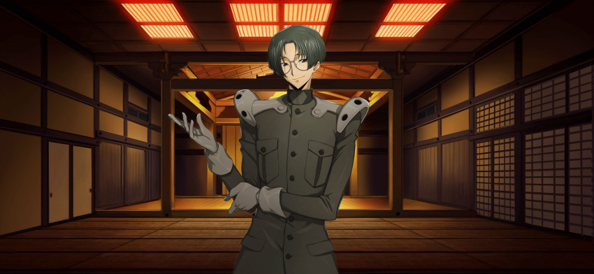 1boy architecture armor artist_request asahina_shougo black_hair blue_eyes bob_cut breast_pocket buttons closed_mouth code_geass code_geass:_lost_stories east_asian_architecture fusuma game_cg glasses gloves green_jacket grey-framed_eyewear grey_gloves hair_intakes half-closed_eyes hand_up happy highres holding_own_arm indoors jacket long_sleeves looking_at_viewer male_focus military_uniform non-web_source official_art parted_bangs pocket round_eyewear short_hair shouji shoulder_armor sidelocks sliding_doors smile solo standing uniform upper_body
