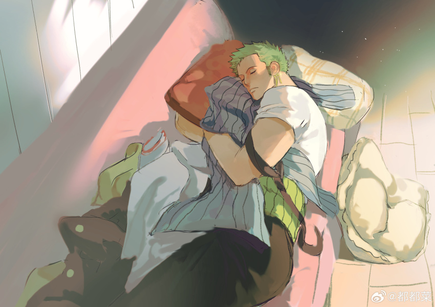 1boy absurdres from_above green_hair highres implied_yaoi long_sideburns lying male_focus on_side one_piece pants roronoa_zoro short_hair sideburns sleeping solo sweetdou3 unworn_shirt