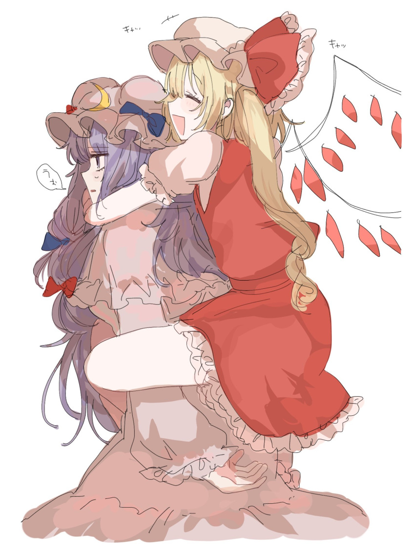 2girls blonde_hair blue_bow bow capelet carrying carrying_person cellphone closed_mouth crescent crescent_hat_ornament crystal_wings dress flandre_scarlet frilled_bow frilled_capelet frilled_skirt frills from_side hair_bow hairband hands_on_another's_shoulders hat hat_bow hat_ornament highres long_hair long_sleeves looking_ahead multiple_girls open_mouth patchouli_knowledge phone piggyback puffy_short_sleeves puffy_sleeves purple_capelet purple_dress purple_hair purple_hairband red_bow shamo_tarou short_sleeves side_ponytail sidelocks simple_background skirt smile speech_bubble sweatdrop touhou translation_request upper_body violet_eyes white_background white_headwear