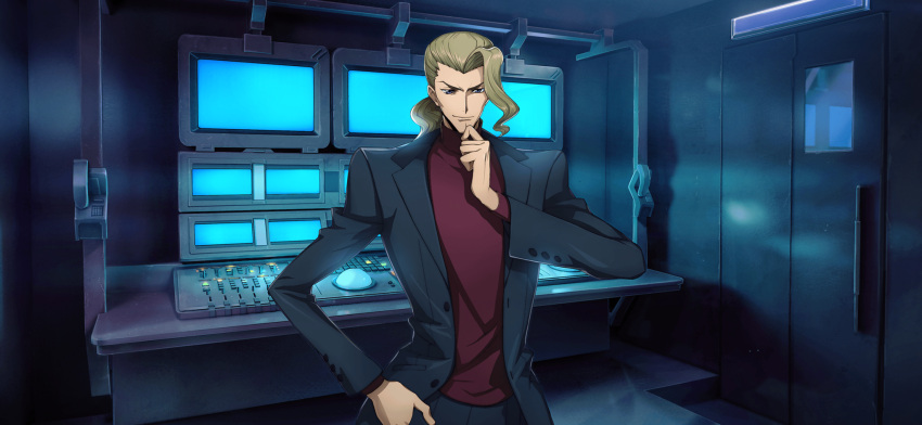 1boy artist_request backlighting black_jacket black_pants blonde_hair blue_eyes buttons closed_mouth code_geass code_geass:_lost_stories diethard_ried door forehead game_cg hand_in_pocket hand_on_own_chin hand_up happy highres indoors jacket long_sleeves male_focus medium_hair monitor non-web_source official_art open_clothes open_jacket pants phone pocket red_shirt shirt smile solo standing stroking_own_chin turtleneck_shirt upper_body v-shaped_eyebrows