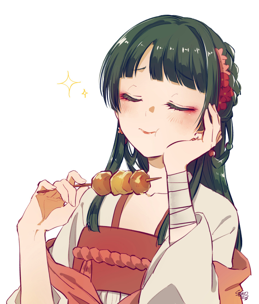 1girl bandaged_arm bandages blunt_bangs chewing closed_eyes closed_mouth commentary_request earrings eating flat_chest flower food green_hair hair_flower hair_ornament hair_rings highres holding holding_food holding_skewer jewelry kusuriya_no_hitorigoto long_hair makeup maomao_(kusuriya_no_hitorigoto) mascara sasano-01 simple_background skewer solo sparkle straight_hair white_background