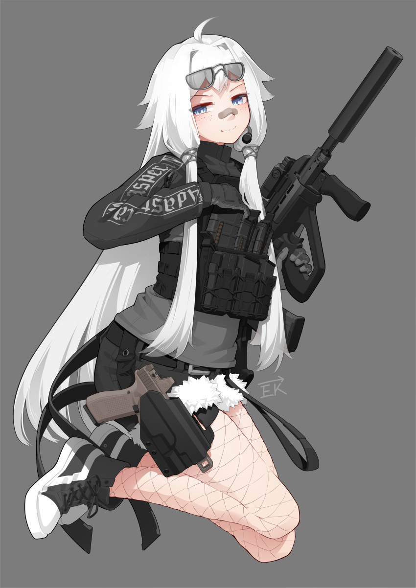 1girl absurdres ahoge ammunition_pouch assault_rifle bandaid bandaid_on_face bandaid_on_nose black_footwear black_gloves black_shirt black_shorts blue_eyes body_armor breasts bulletproof_vest bullpup compensator fishnet_pantyhose fishnets foregrip freckles glock gloves grey_background gun handgun highres holding holding_gun holding_weapon holster jumping light_smile long_hair long_sleeves magazine_(weapon) microphone original pantyhose plate_carrier pouch red_dot_sight rifle shirt shoes shorts simple_background smile sneakers solo steyr_aug suppressor trigger_discipline vectorek vertical_foregrip very_long_hair weapon white_hair
