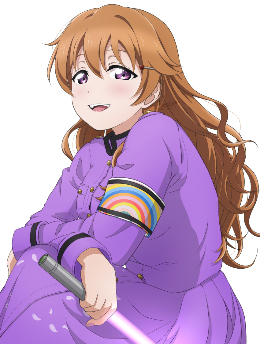 1girl absurdres armband commentary commentary_request dress glowstick hair_between_eyes highres holding_glowstick konoe_kanata long_hair long_sleeves looking_at_viewer love_live! love_live!_nijigasaki_high_school_idol_club open_mouth orange_hair penlight_(glowstick) purple_dress rainbow_print ryouran!_victory_road_(love_live!) sidelocks solo teeth umnh-o upper_body upper_teeth_only violet_eyes wavy_hair white_armband white_background