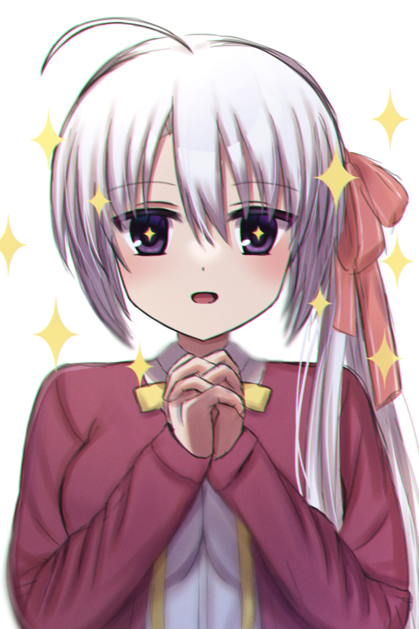 +_+ 1girl :d ahoge ayachi_nene blush casual colored_eyelashes commentary excited grey_hair hair_between_eyes hair_ribbon hand_up highres interlocked_fingers jacket long_hair looking_at_viewer mahigu_re neck_ribbon official_alternate_costume official_alternate_hairstyle open_mouth own_hands_together red_jacket red_ribbon ribbon sanoba_witch shirt side_ponytail simple_background sleeves_past_wrists smile solo sparkle straight-on straight_hair upper_body violet_eyes white_background white_shirt yellow_ribbon