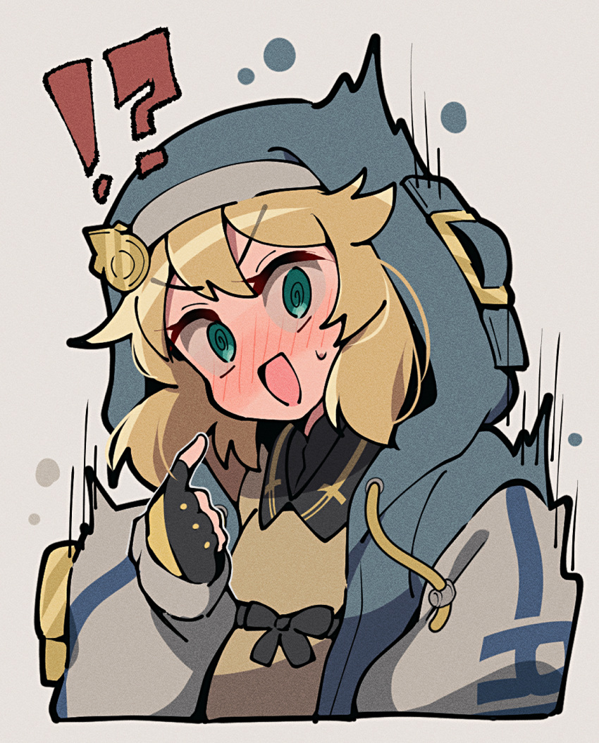 !? 1girl @_@ androgyne_symbol aqua_eyes black_gloves blonde_hair blush bridget_(guilty_gear) brown_dress commentary_request dress embarrassed female_focus fingerless_gloves full-face_blush gloves guilty_gear guilty_gear_strive habit highres hood hood_up hooded_jacket itsuka_neru jacket looking_at_viewer medium_hair open_clothes open_jacket open_mouth pointing pointing_at_self sweatdrop