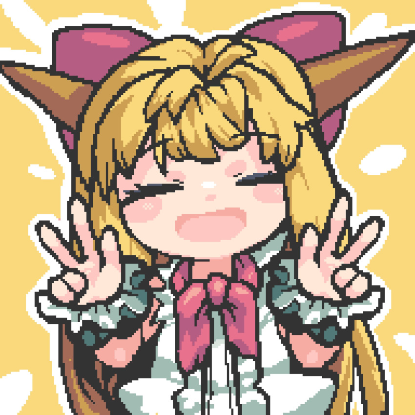 1girl blonde_hair blush bow bowtie brown_horns closed_eyes commentary_request cookie_(touhou) double_w hair_bow highres horns ibuki_suika long_hair medium_bangs open_mouth pixel_art red_bow red_bowtie shirt sidelocks sleeveless sleeveless_shirt smile solo tonchamon_san touhou upper_body very_long_hair w white_shirt wrist_cuffs yamin_(cookie) yellow_background