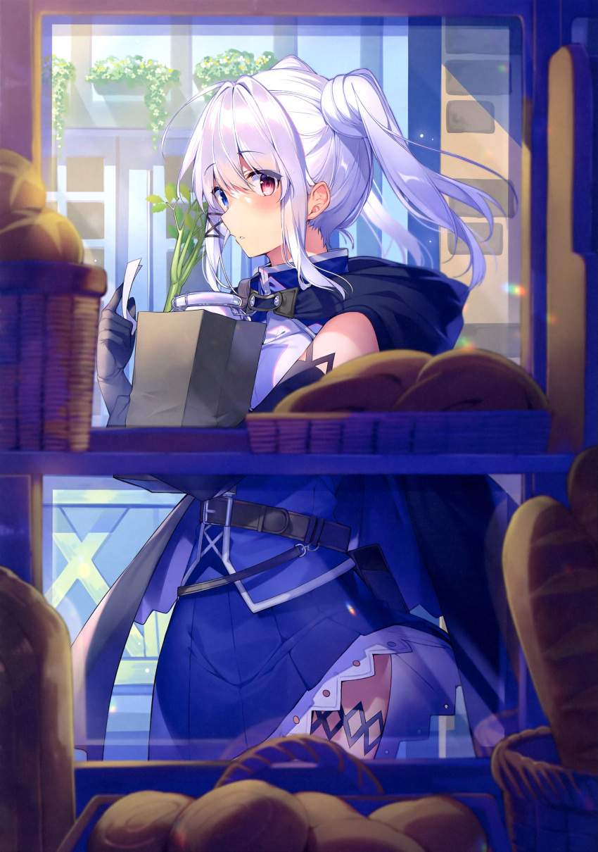 1girl absurdres bag baguette basket black_cape blue_corset blue_dress blue_eyes blurry blush bread bread_bun cape closed_mouth corset cowboy_shot day depth_of_field dress food heterochromia highres holding holding_bag holding_paper light_particles long_hair looking_at_viewer mishima_kurone non-web_source original paper plant potted_plant red_eyes scan sidelocks sideways_glance single_bare_shoulder sleeveless sleeveless_dress solo spring_onion standing sunlight thighlet twintails white_hair window