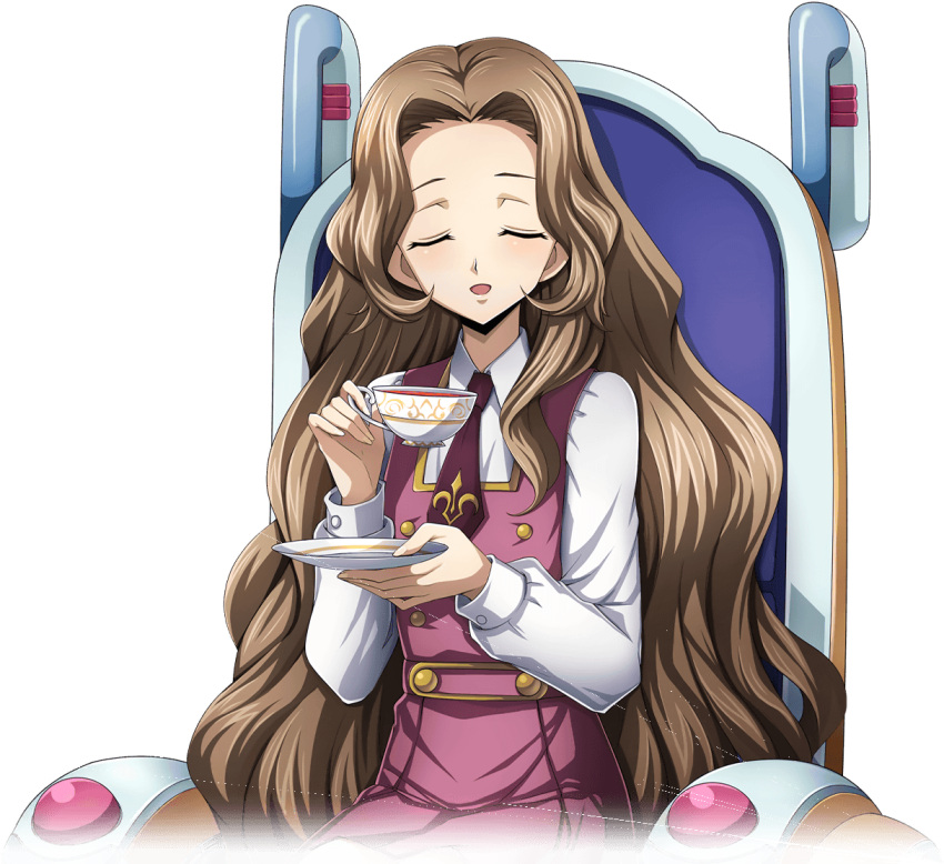 1girl artist_request blush brown_hair buttons child closed_eyes code_geass code_geass:_lost_stories collared_shirt cup double-breasted dress drink facing_viewer flat_chest forehead game_cg hair_intakes hands_up happy holding holding_cup holding_drink holding_plate light_blush long_hair long_sleeves looking_at_viewer necktie non-web_source nunnally_vi_britannia official_art on_chair open_mouth pinafore_dress plate purple_dress purple_necktie saucer school_uniform shirt sidelocks simple_background sitting sleeveless sleeveless_dress smile solo tea teacup transparent_background u_u very_long_hair wheelchair white_shirt