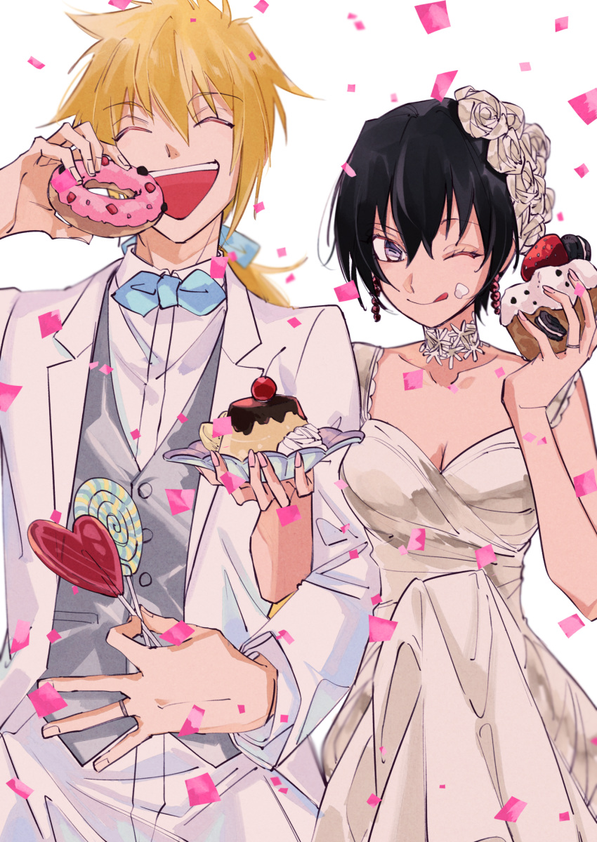 black_hair blonde_hair bow bowtie bride cake cake_slice candy choker closed_eyes collarbone confetti couple dessert doughnut dress flower flower_choker food food_on_face formal groom hair_between_eyes hair_flower hair_ornament hair_ribbon heart heart_lollipop hetero highres holding holding_candy holding_food holding_lollipop husband_and_wife jewelry locked_arms lollipop long_hair official_alternate_costume one_eye_closed open_mouth oreo ponytail pudding ribbon ring rutee_katrea shaped_lollipop short_hair simple_background spaghetti_strap stahn_aileron suit swirl_lollipop tales_of_(series) tales_of_destiny tongue tongue_out violet_eyes wedding_dress white_background white_suit youme_xz