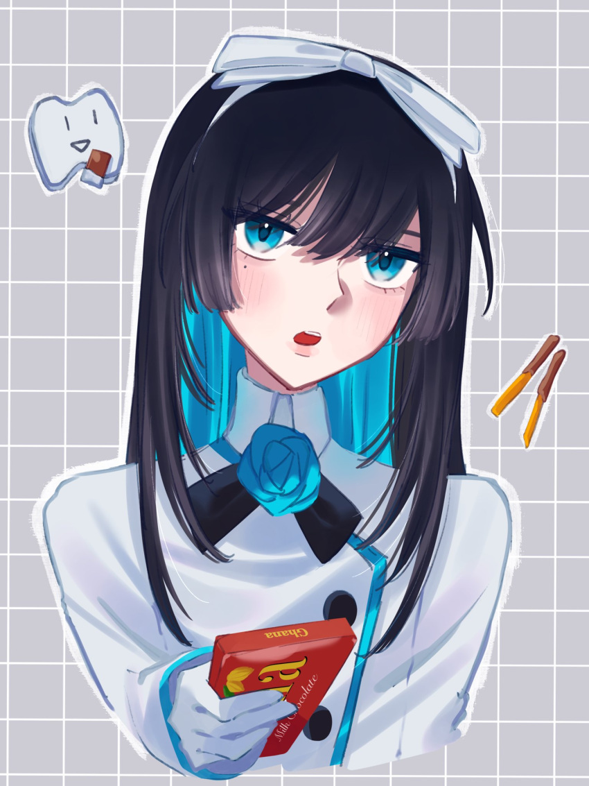 1girl ado_(utaite) black_bow black_bowtie black_hair blue_eyes blue_flower blue_hair blue_rose blush bow bowtie candy chando_(ado) chocolate chocolate_bar cloud_nine_inc collared_shirt colored_inner_hair commentary cropped_torso dress_shirt flower flower_brooch food ghana_(chocolate) gloves grey_background hair_between_eyes hair_bow highres holding holding_chocolate holding_food long_hair long_sleeves looking_at_viewer mole mole_under_eye multicolored_hair open_mouth pocky reaching reaching_towards_viewer rose shadow shirt solo spica_(spica5f9ea0) symbol-only_commentary teeth tooth two-tone_hair upper_body upper_teeth_only utaite white_bow white_gloves white_shirt