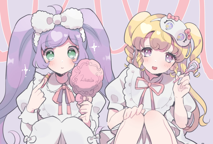 2girls blonde_hair bow character_name closed_mouth collared_dress cosmetics dress eyelash_curler hair_bow hairband hand_mirror hand_up hands_up highres holding holding_lipstick_tube holding_mirror hoshikuzu_(pinkholic) idol_time_pripara juliet_sleeves knees_up lipstick_tube long_hair long_sleeves manaka_laala mirror multiple_girls neck_ribbon open_mouth pink_ribbon pretty_series pripara puffy_short_sleeves puffy_sleeves purple_hair ribbon short_sleeves sleep_mask smile sparkle twintails very_long_hair violet_eyes white_dress white_hairband yumekawa_yui