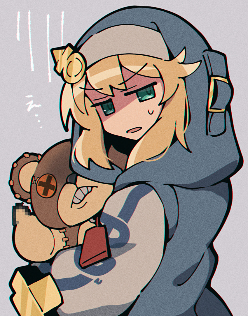 1girl androgyne_symbol blonde_hair bridget_(guilty_gear) censored censored_gesture commentary_request female_focus green_eyes grey_background guilty_gear guilty_gear_strive habit highres hood hood_up hooded_jacket itsuka_neru jacket long_sleeves looking_at_viewer medium_hair middle_finger mosaic_censoring open_clothes open_mouth puffy_long_sleeves puffy_sleeves roger_(guilty_gear) solo stuffed_animal stuffed_toy teddy_bear