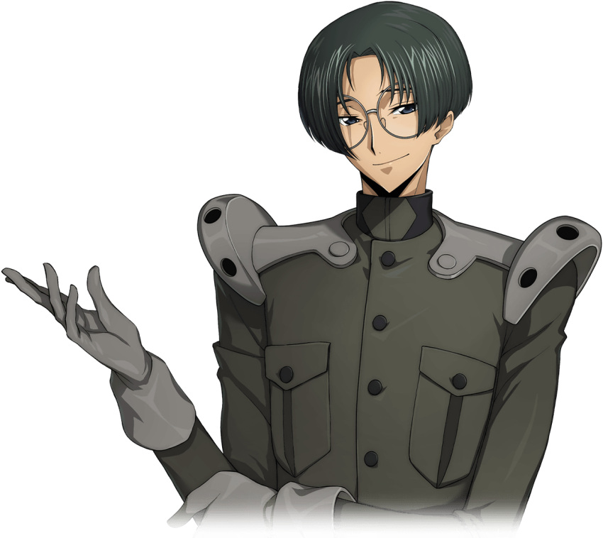 1boy armor artist_request asahina_shougo black_hair blue_eyes bob_cut breast_pocket buttons closed_mouth code_geass code_geass:_lost_stories cropped_torso game_cg glasses gloves green_jacket grey-framed_eyewear grey_gloves hair_intakes half-closed_eyes hand_up happy holding_own_arm jacket long_sleeves looking_at_viewer male_focus military_uniform non-web_source official_art parted_bangs pocket round_eyewear short_hair shoulder_armor sidelocks simple_background smile solo standing transparent_background uniform upper_body