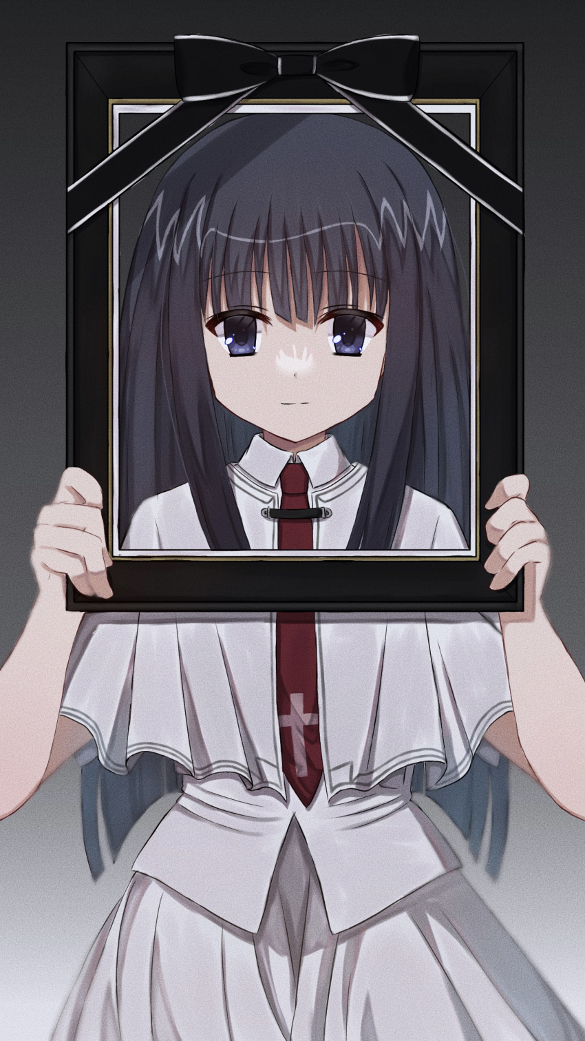 1girl absurdres black_hair blue_eyes blunt_bangs blunt_ends capelet closed_mouth collared_shirt commentary cowboy_shot cross_print eyes_visible_through_hair gradient_background grey_background hands_up highres holding_frame iei light_smile long_hair looking_at_viewer mahigu_re necktie print_necktie red_necktie school_uniform shirt sidelocks simple_background skirt solo split_mouth straight-on straight_hair subarashiki_hibi takashima_zakuro white_capelet white_shirt white_skirt