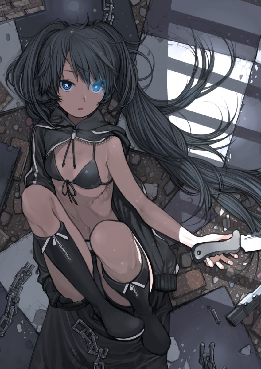 1girl absurdres bikini_top black_hair black_rock_shooter black_rock_shooter_(character) blue_eyes boots chain glowing_eye highres knee_boots knife kurumayama legs_up long_hair lying navel on_back open_mouth scar sitting solo star star-shaped_pupils symbol-shaped_pupils twintails