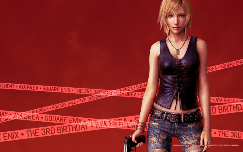 bare_shoulders belt blonde_hair blue_eyes bracelet gun handgun highres jeans jewelry legs midriff necklace official_art parasite_eve parasite_eve_the_3rd_birthday pistol realistic semiautomatic short_hair simple_background solo square_enix tank_top torn_clothes wallpaper weapon