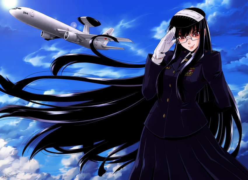 black_hair boeing_e-767 cloud female glasses gloves hat japan_air_self-defense_force jet lens_flare long_hair mecha_musume military military_uniform personification red_eyes salute signature sky soma_(a-soma) uniform very_long_hair white_gloves