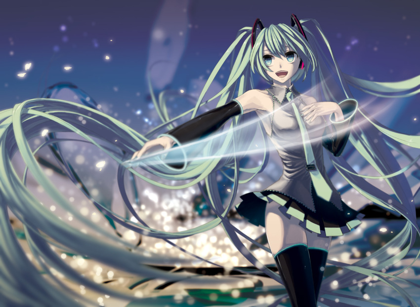 aqua_eyes detached_sleeves green_hair hand_on_chest hand_on_own_chest hatsune_miku long_hair more_(vitalia) necktie skirt solo thigh-highs thighhighs twintails very_long_hair vocaloid