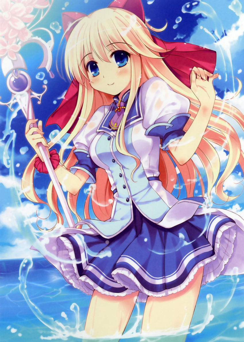 blue_eyes bow fiorelia_inbrulia hair_bow highres ko~cha long_hair magic mercuria skirt solo wading water