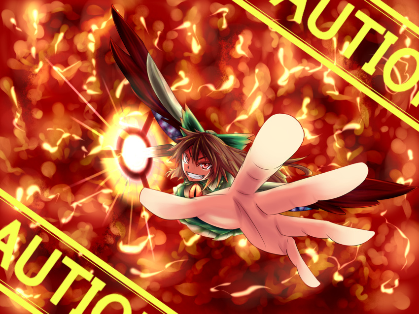 arm_cannon bow brown_hair caution evil_grin evil_smile eyes fang foreshortening grin hair_bow hands highres long_hair radiation_symbol red_eyes reiuji_utsuho smile solo touhou weapon wings