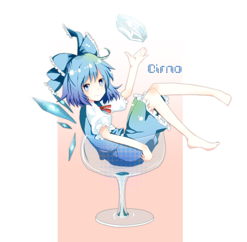 aya_mizu barefoot blue_eyes blue_hair bow character_name cirno cup cupping_glass hair_bow ice short_hair simple_background sitting solo spoon touhou wings