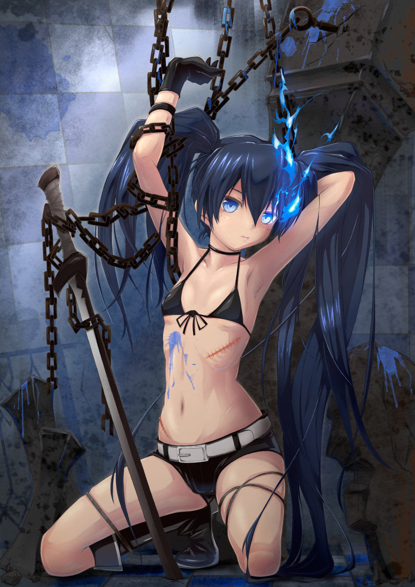 armpits belt bikini_top black_hair black_rock_shooter black_rock_shooter_(character) blue_eyes boots chain chakabo flat_chest frogtie glowing glowing_eyes highres long_hair scar shorts solo sword twintails weapon