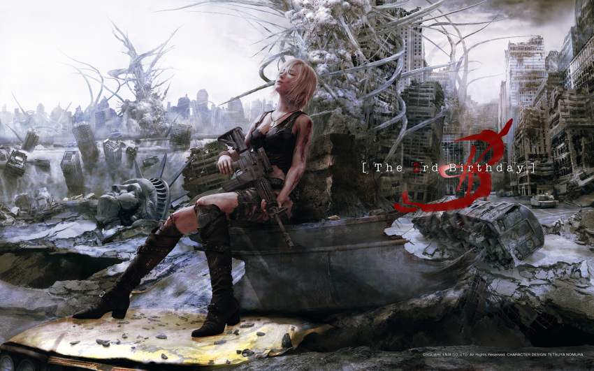 assault_rifle aya_brea bare_shoulders belt blonde_hair blood boots bracelet building car closed_eyes debriss destruction gun highres injury jeans jewelry legs logo military military_vehicle motor_vehicle necklace new_york ocean parasite_eve parasite_eve_the_3rd_birthday realistic rifle rubble ruins scenery short_hair sitting solo square_enix statue_of_liberty tank tank_top torn_clothes train vehicle wallpaper weapon