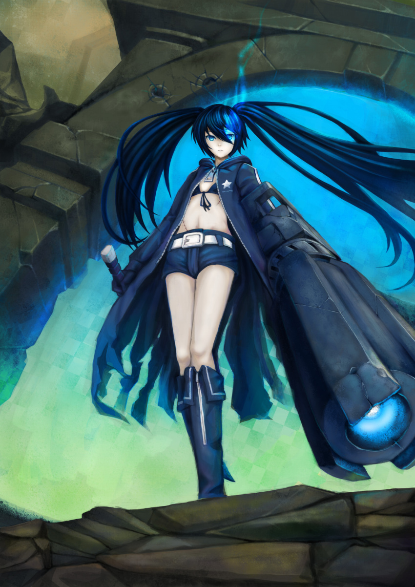 arm_cannon belt bikini_top black_hair black_rock_shooter black_rock_shooter_(character) blue_eyes boots coat glowing glowing_eyes highres long_hair pale_skin rx. scar shorts solo star twintails weapon