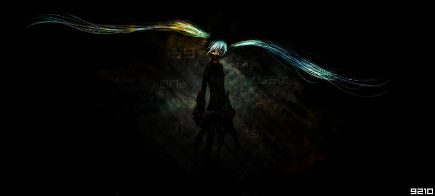 9210 bad_id black dark glowing glowing_hair hatsune_miku highres long_hair mask multicolored_hair solo t-shirt_material twintails very_long_hair vocaloid