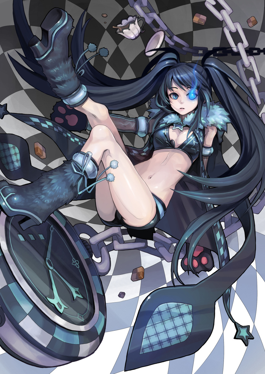 bikini_top black_hair black_rock_shooter black_rock_shooter_(character) blue_eyes boots chain checkered checkered_floor clock cup fur_collar gloves glowing_eye highres midriff paw_gloves racoona shorts twintails