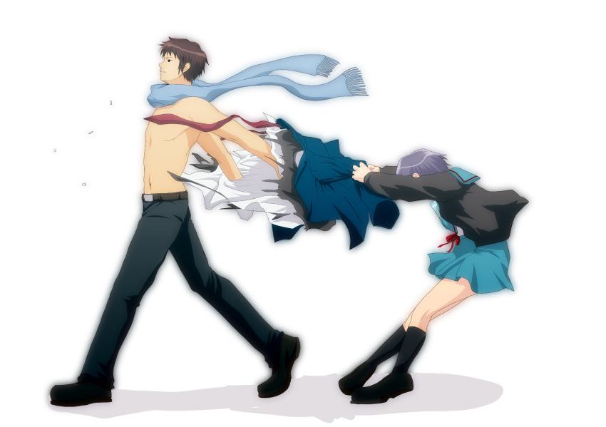 brown_hair cardigan highres kyon manly nagato_yuki okiron purple_hair scarf school_uniform serafuku short_hair suzumiya_haruhi_no_shoushitsu suzumiya_haruhi_no_yuuutsu undressing