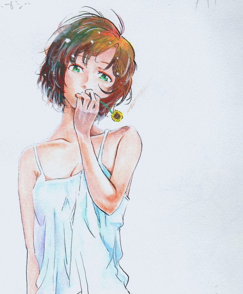 carlos_(artist) carlos_toshiki chemise collarbone dress face finger_to_mouth flower green_eyes hands highres original short_hair solo traditional_media