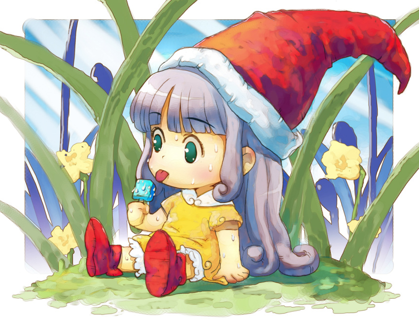 flower green_eyes hat hirokiku long_hair memoru minigirl popsicle purple_hair silver_hair sitting solo sweat tongari_boushi_no_memoru tongue