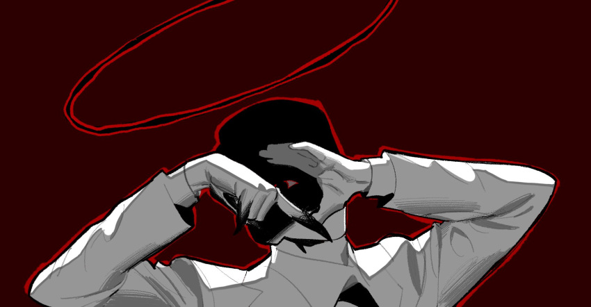 1boy angel arm_up black_eyes black_hair black_halo black_necktie claws collared_jacket collared_shirt colored_extremities colored_skin empty_eyes halo highres jacket korean_commentary long_sleeves looking_at_viewer male_focus necktie no_mouth original red_background sasi_mozzi1 shaded_face shirt short_hair simple_background solo upper_body very_short_hair white_jacket white_shirt white_skin
