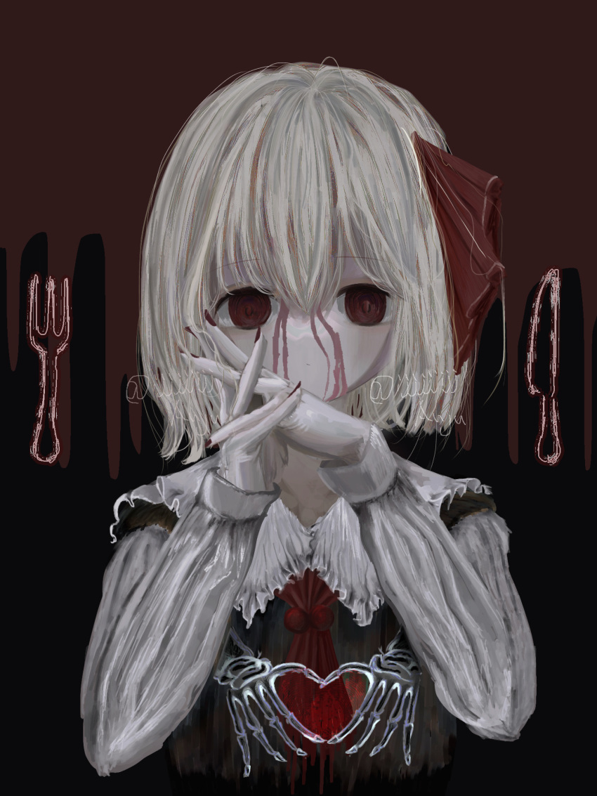 1girl ascot black_vest blonde_hair blood blood_on_face bow cross hair_ribbon heart highres knife red_ascot red_bow red_eyes red_headwear red_nails ribbon ru_rnyu rumia short_hair solo touhou upper_body vest