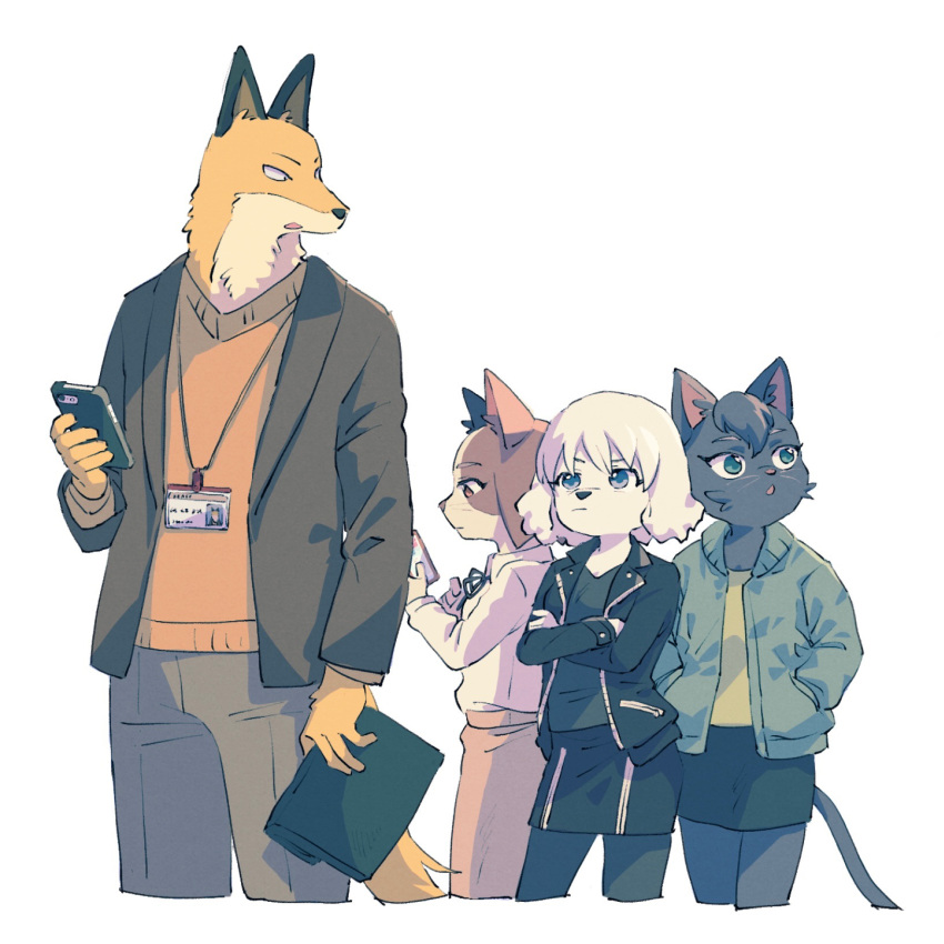 1boy 3girls animal_ears black_jacket black_skirt blue_eyes brown_jacket brown_pants cat_ears cat_girl cat_tail closed_mouth collared_shirt commentary_request cowboy_shot cropped_legs crossed_arms dog_girl fox_boy fox_ears furry furry_female furry_male hand_up hands_in_pockets highres holding holding_phone ichimura_shiho id_card jacket kinjo_(momoyorieki) lanyard long_sleeves looking_at_another looking_at_phone mitsuya_yuki multiple_girls nikaidou_rui odd_taxi open_mouth pants phone shirt short_hair simple_background skirt standing tail white_background white_shirt yamamoto_fuyuki