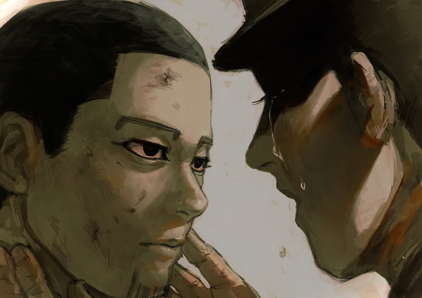 2boys black_eyes black_hair buzz_cut closed_mouth colored_sclera commentary_request crying dirty dirty_face expressionless eye_contact face-to-face faceless faceless_male facial_hair goatee golden_kamuy grey_background half-siblings hanazawa_yusaku hands_on_another's_face hands_up highres looking_at_another male_focus multiple_boys ogata_hyakunosuke open_mouth osakanaman_7 pink_sclera portrait profile shaded_face short_hair simple_background very_short_hair
