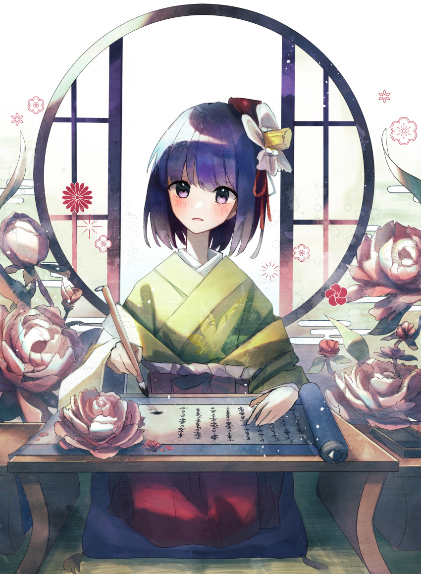1girl absurdres blush calligraphy calligraphy_brush commentary_request flower green_kimono hair_flower hair_ornament hieda_no_akyuu highres holding_calligraphy_brush japanese_clothes jigsaw_paru kimono long_sleeves looking_at_viewer open_mouth paintbrush purple_hair scroll seiza short_hair sitting solo touhou violet_eyes wide_sleeves writing