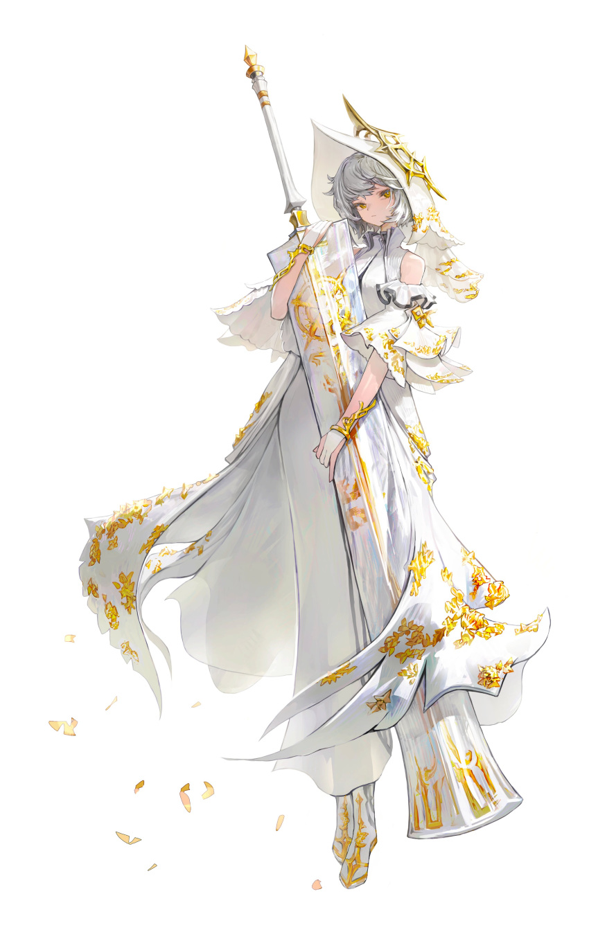 1girl absurdres closed_mouth detached_sleeves dress full_body gloves grey_hair highres holding holding_sword holding_weapon huge_weapon hugging_object looking_at_viewer mokagu original short_hair simple_background solo standing sword weapon white_background white_dress white_gloves white_headwear yellow_eyes