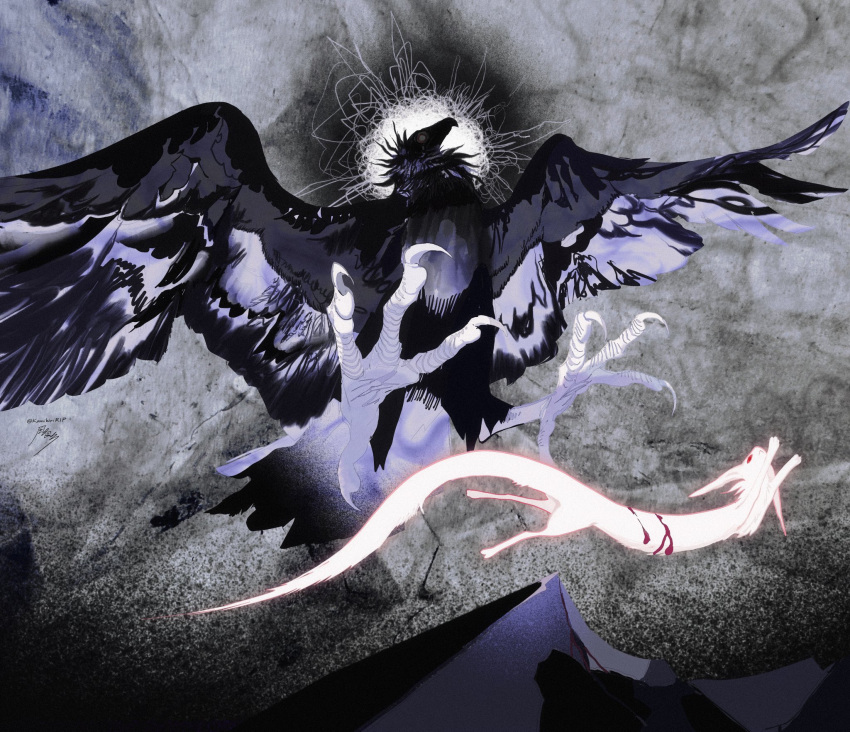 abstract_background animal_focus artist_name bird bleeding blood commentary creature crow english_commentary floating foreshortening from_below glowing halo halo_behind_head highres kamikiririp no_humans original reaching signature spread_wings talons twitter_username