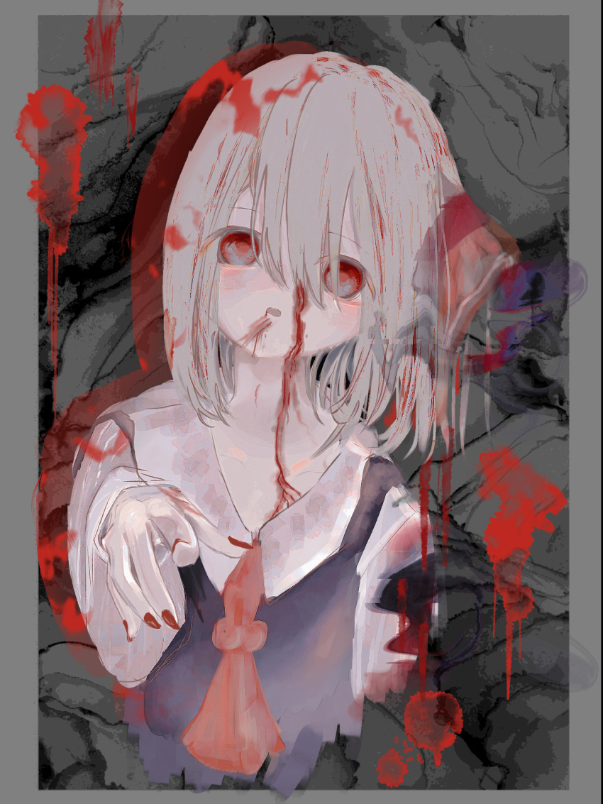 1girl black_vest blonde_hair blood blood_on_face bow darkness hair_ribbon highres red_bow red_eyes red_headwear red_nails ribbon ru_rnyu rumia short_hair solo touhou upper_body vest