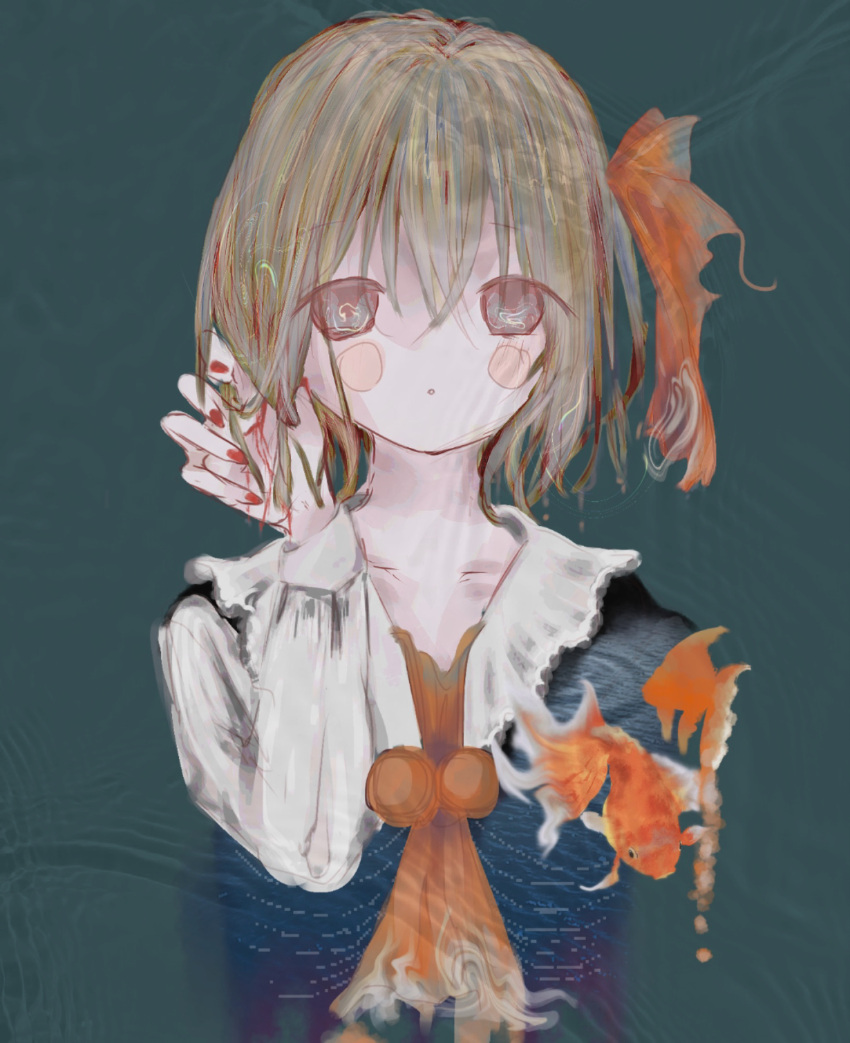 1girl ascot black_vest blonde_hair bow fish goldfish hair_ribbon highres red_ascot red_bow red_eyes red_headwear red_nails ribbon ru_rnyu rumia short_hair solo touhou upper_body vest