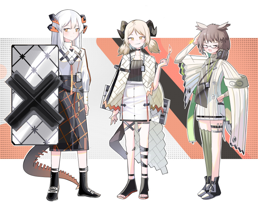 3girls absurdres arknights arm_behind_head arm_up black_footwear black_shirt black_skirt boots breasts brown-framed_eyewear brown_eyes brown_hair closed_eyes closed_mouth dress fire glasses green_thighhighs grin high-waist_skirt highres horns ifrit_(arknights) light_brown_hair long_hair long_sleeves low_twintails medium_breasts multiple_girls open_mouth orange_eyes puffy_long_sleeves puffy_sleeves pyrokinesis saria_(arknights) semi-rimless_eyewear shield shirt shoes silence_(arknights) skirt smile spam_(spamham4506) striped_clothes striped_shirt tail thigh-highs toeless_footwear twintails under-rim_eyewear vertical-striped_clothes vertical-striped_shirt white_dress white_hair white_shirt white_skirt yellow_eyes